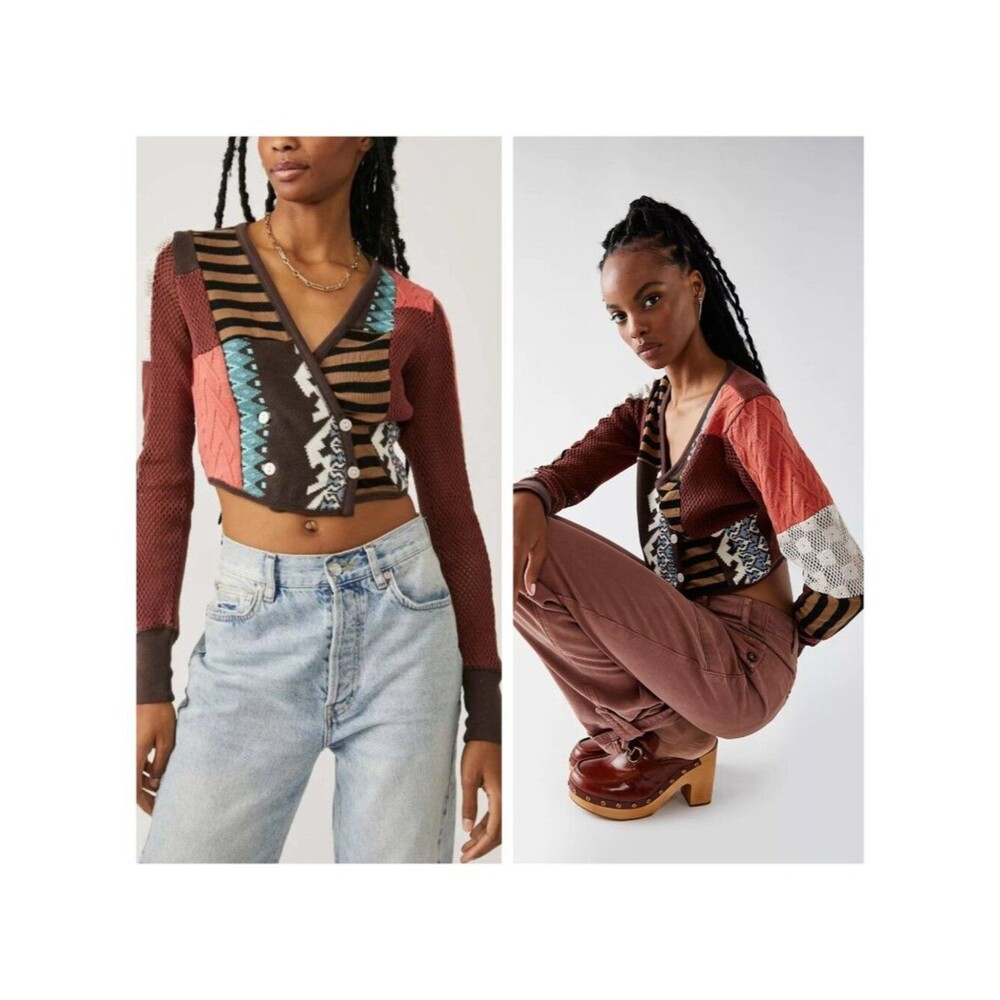 Free People Pieces Of Me Top Patchwork Knit Long Sleeve Crop Multicolor Size XS